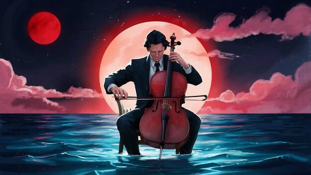 Photo mysterious man sitting on a chair playing the cello in the sea aginst the night sky with the red mo