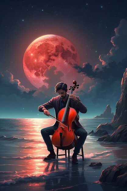 Photo mysterious man sitting on a chair playing the cello in the sea aginst the night sky with the red moon digital art style illustration painting