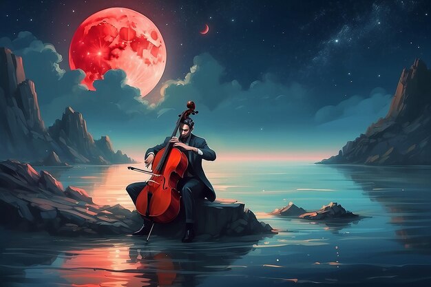 Photo mysterious man sitting on a chair playing the cello in the sea aginst the night sky with the red moon digital art style illustration painting