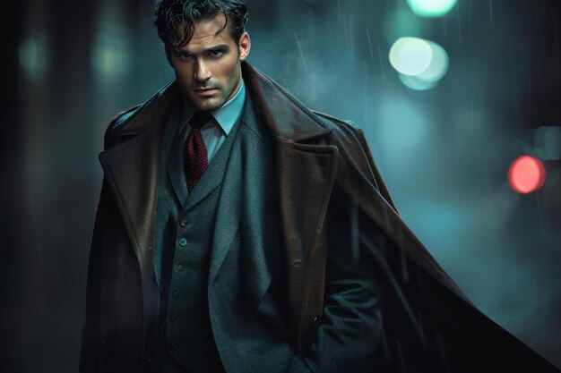 Photo mysterious man spy gangster agent in rain and fog in a jacket hat and cloak old fashioned