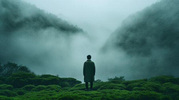 Uomo misterioso in piedi nell'incantevole nebbia verde su grassy hill