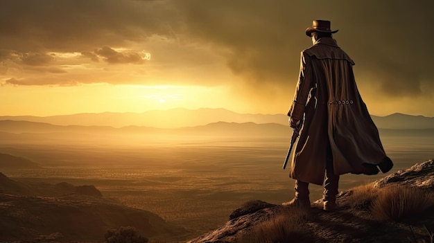 mysterious man standing on a hilltop wearing a trench coat and hat