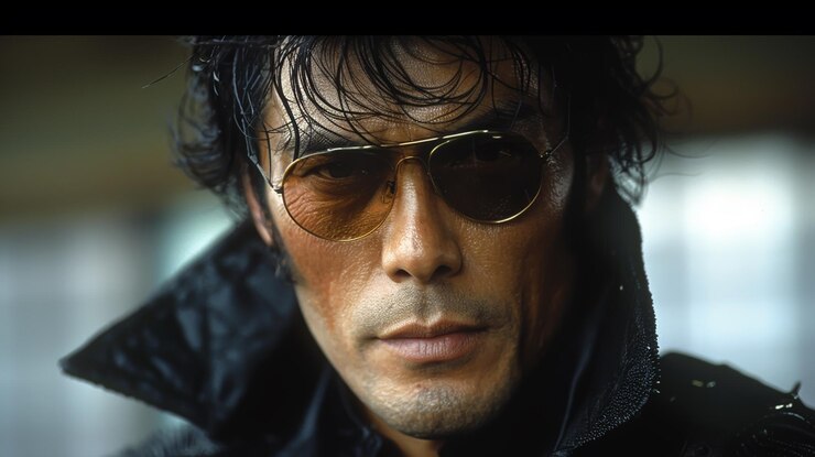 Photo mysterious man in sunglasses and leather jacket with wet hair and intense expression