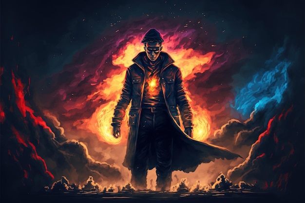 Mysterious man in a trench coat with a monster arm standing against the burning night digital art style illustration painting fantasy concept of a man near the monster