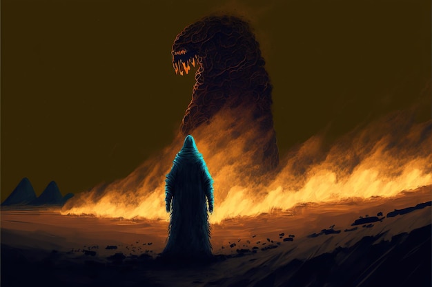 Mysterious man in a trench coat with a monster arm standing against the burning night digital art style illustration painting fantasy concept of a man near the monster