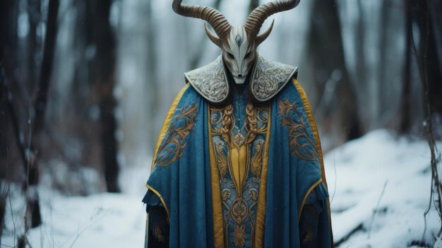 Photo mysterious man with long horns in snow dark turquoise and light gold