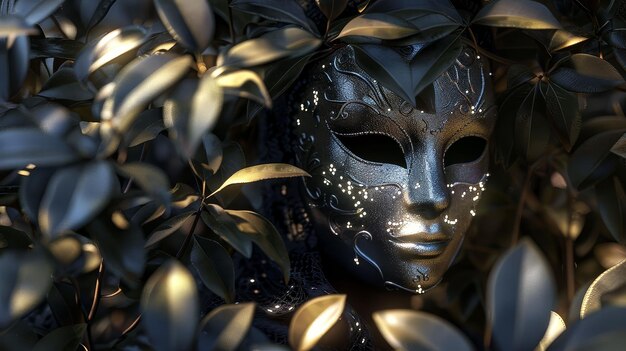 A mysterious mask shimmering worn by a masked dancer in a moonlit forest clearing The silver light filters through the leaves creating a magical ambiance 3D Render Golden Hour Vignette Closeup shot