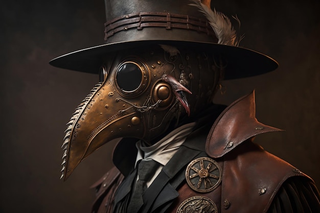 Mysterious Masked Man Plague Doctor with Bird Mask and Hat Generative AI