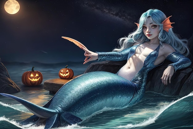 A mysterious mermaid with a shimmering fishtail and an enchanted conch shell beckons fellow marine spirits to celebrate Halloween beneath the starlit waves illustration