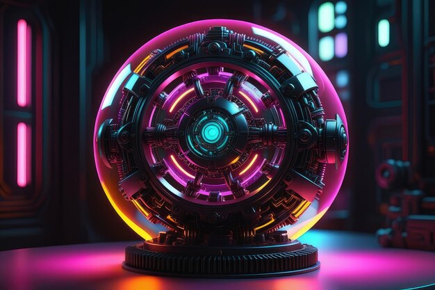 Photo a mysterious metal sphere with neon lights horizontal composition