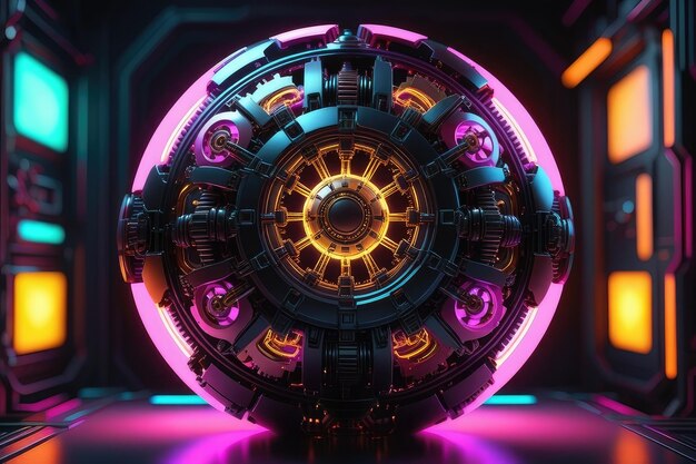 A mysterious metal sphere with neon lights horizontal composition