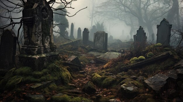 Mysterious mist enveloping crumbling headstones