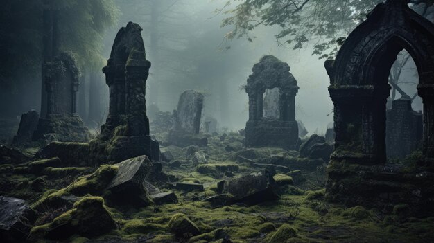 Photo mysterious mist enveloping crumbling headstones