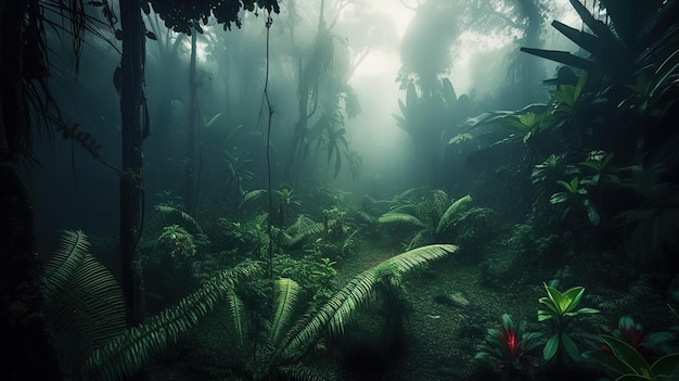 Mysterious misty woods Panoramic jungle oasis Dark natural landscape Generative Ai