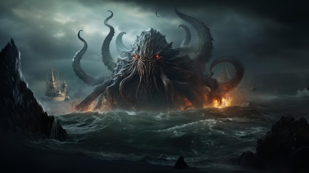 Mysterious monster Cthulhu in the sea attack boat huge tentacles sticking out of the water landscape