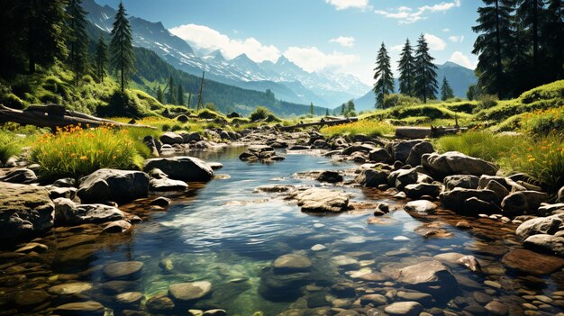 Mysterious mountain rock reflects flowing water beauty