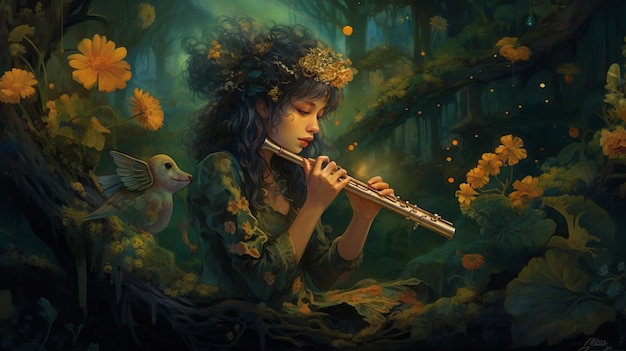 A mysterious musician playing the flute in an enchanted forest