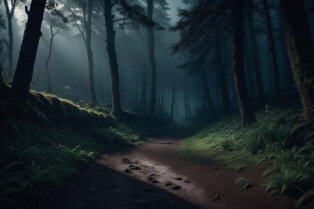 mysterious mysterious foggy dark forest dark mysterious landscape with dark trees in forest with a