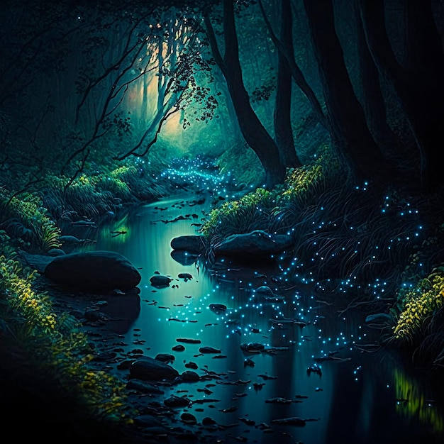 Таинственный мистический лес, освещенный светлячками