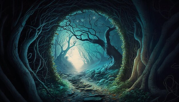 Таинственный мистический лес в ночном свете луны