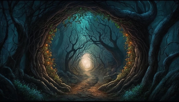 Mysterious mystical forest in the night light of the moon