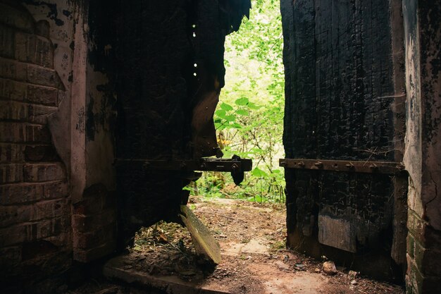 Mysterious mystical interior of an abandoned church, a dark gloomy building, the ruins of a church