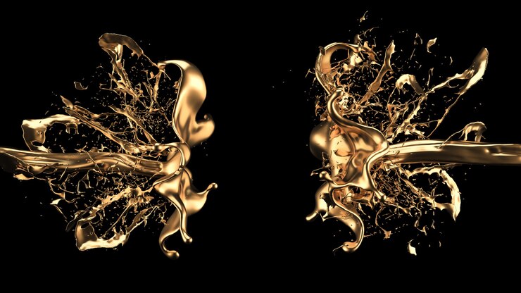 神秘的で神秘的で贅沢な金のスプラッシュ。 3Dイラスト、3Dレンダリング。