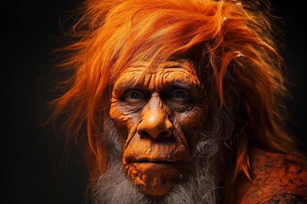 Photo mysterious neanderthal man face orange background generate ai