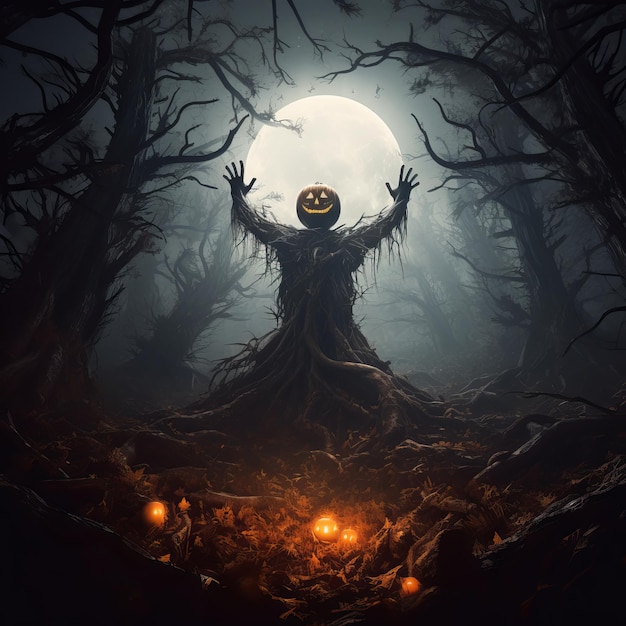 Foto una notte misteriosa nella scena notturna di halloween nella foresta