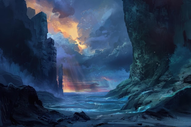 Mysterious Ocean Inlet Surrounded by Dark Rocky Cliffs