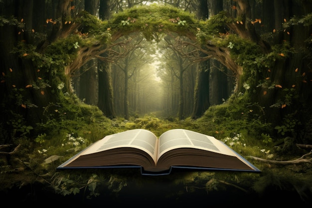 Mysterious Open magic book forest Generate Ai