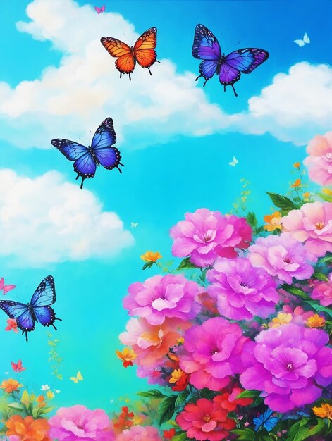 Mysterious paradise butterfly flowers fluffy clouds acrylic painting on paper hd acrylic image