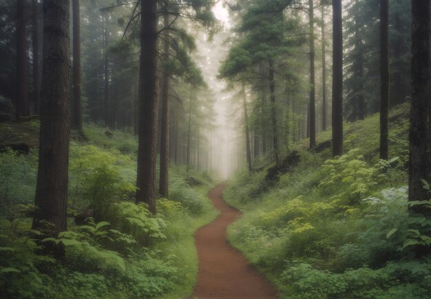 Mysterious path full of roots in the middle of wooden coniferous forrest surrounded by green bushes