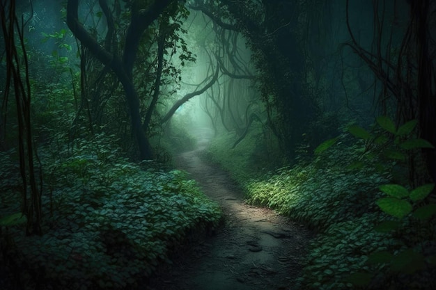 Mysterious path winding through a dense eerie forest Generative AI