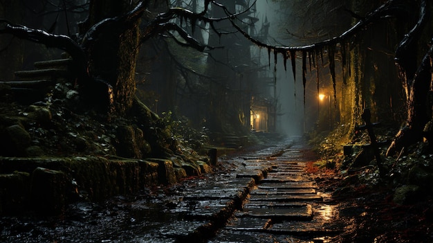 Mysterious pathway Footpath in the beautiful foggy autumn mysterious forest among high trees