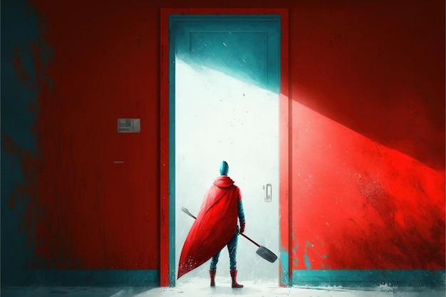 Mysterious person under a red jacket holds an axe in front of the door digital art style illustration painting fantasy concept of a mysterious person in a red jacket