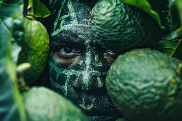 Photo mysterious person with camouflage face paint peering through lush green foliage