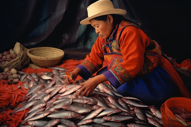 Mysterious Peruvian Woman Perfecting the Art of Fish Cleaning AR 32