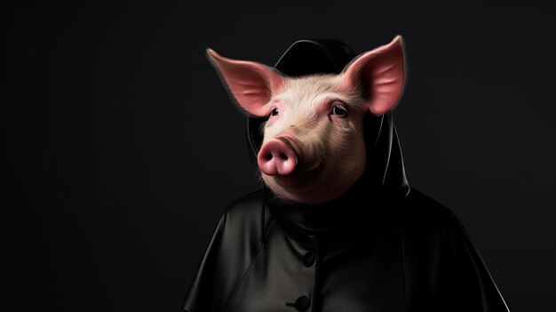 Photo mysterious pig in black cloak a gothic pop surrealism illustration