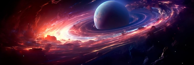 mysterious planet with a vibrant ring system orbiting within a spiral galaxy Generative AI