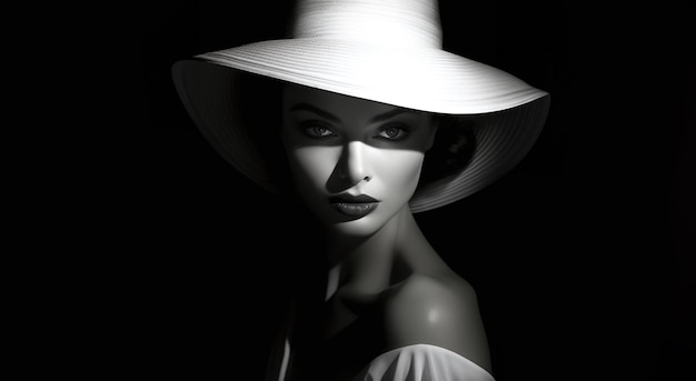 A mysterious portrait in harsh lights and shadows Woman in white hat black background space for t