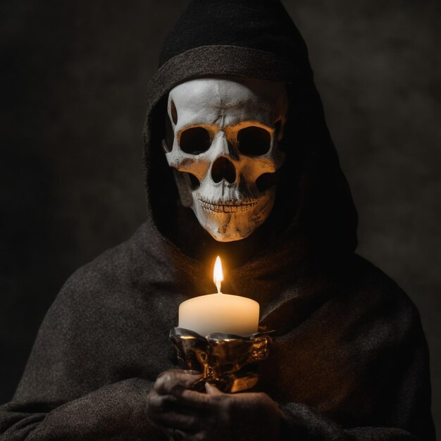 Photo mysterious portrait of a person illuminated by a burning candle on black background