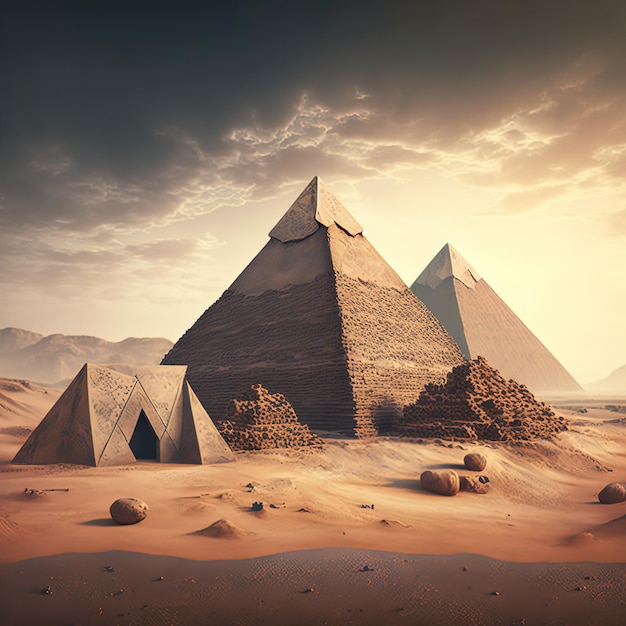 Mysterious pyramids of Egypt ancient civilization mystical landscape with sand 3d illustration