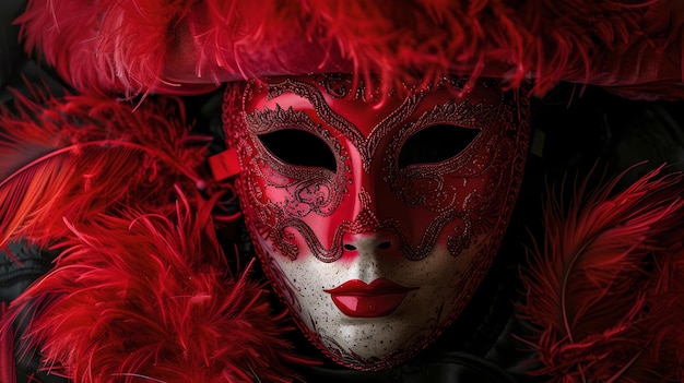 Mysterious red venetian mask surrounded by feathers masquerade theme captivating and enigmatic style festive and artistic concept AI