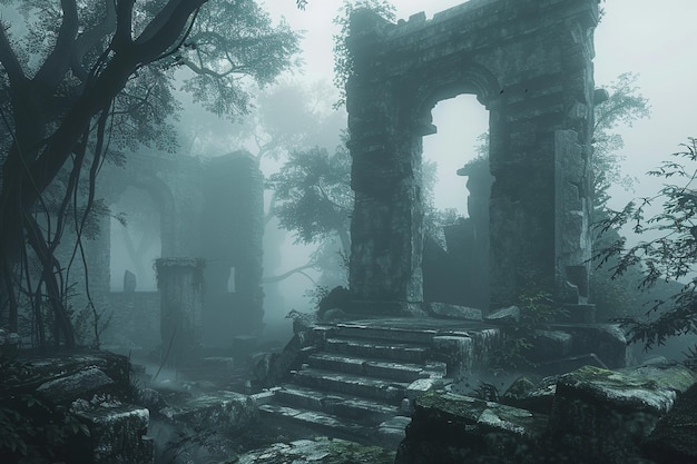 Foto misteriose rovine in un'antica foresta nebbiosa