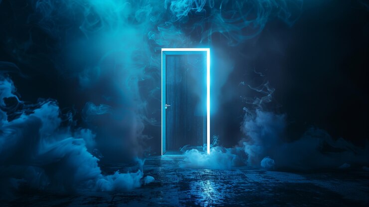 Photo mysterious scene with an eerie blue door surrounded by swirling dark smoke on a rough surface