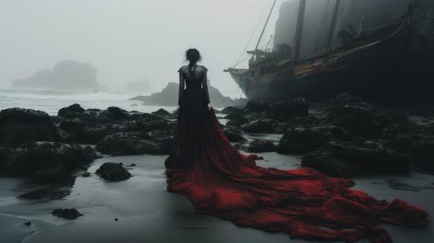 Photo mysterious seascapes a woman in red dress near an old ship