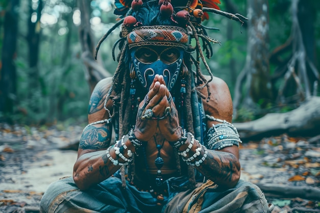 Photo mysterious shaman in vibrant tribal attire performing ancient ritual in lush forest environment