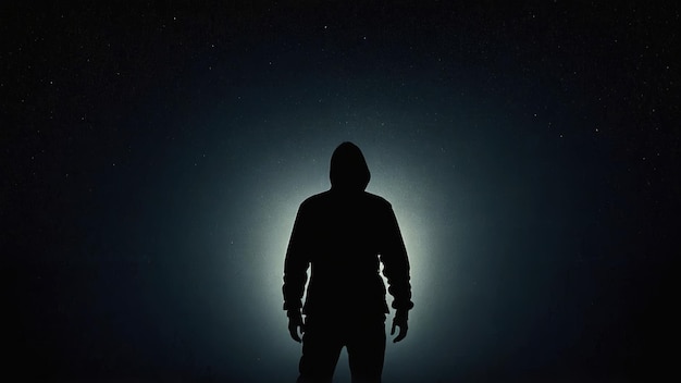 A mysterious silhouette of a figure standing in a void of darkness with a black background