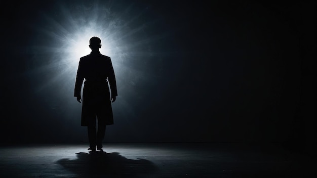 A mysterious silhouette of a figure standing in a void of darkness with a black background